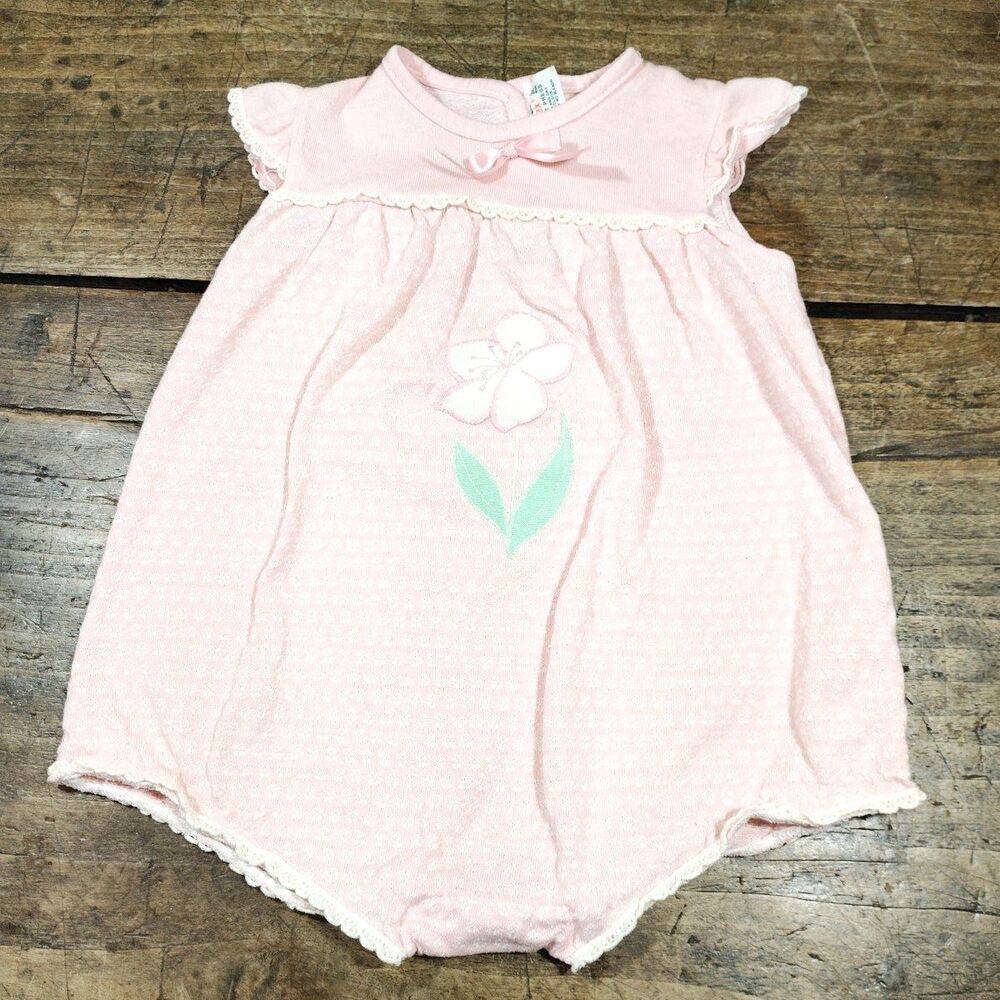 Vintage 70s Health-Tex Baby Girl Romper Sz 24 Mo USA Made Pink One Piece Flower